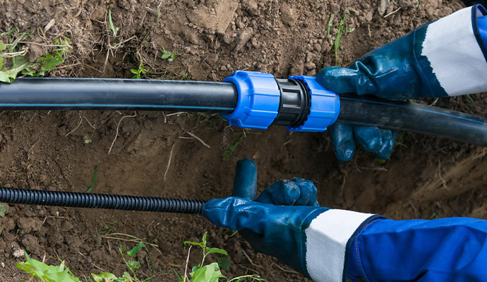 hands working close up checks the correct connection for pipe laying