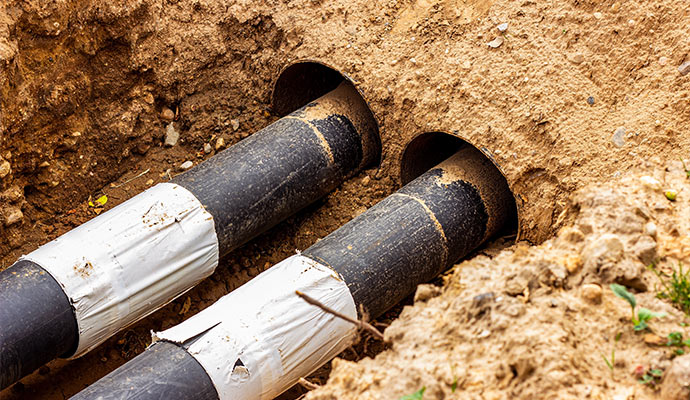 sewer line leak reapir connecting pipes in the trench of ground