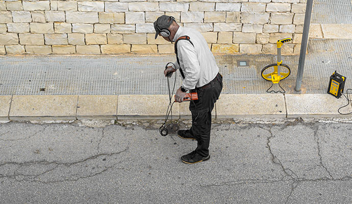 technician is detecting floor water leak with detector